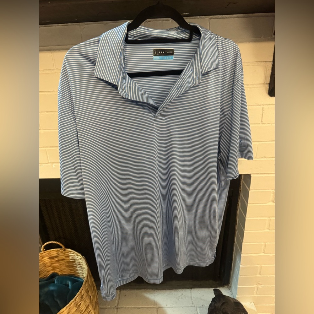 PGA Tour Light Blue and White Striped Polo